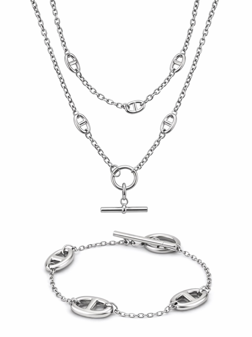 Silver Pig Nose Multilayer Necklace Bracelet Set Stainless Steel Gold Plated